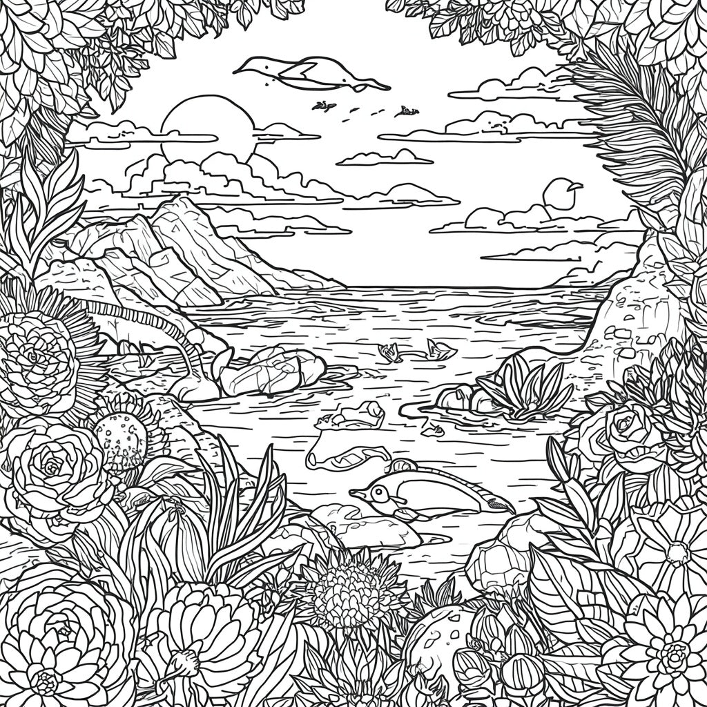 Deep Blue Mindful Coloring: Detailed Ocean & Beach Landscape Printable