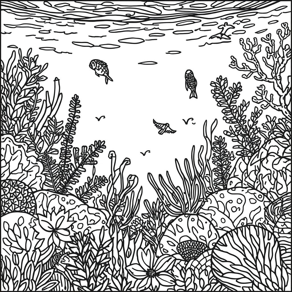 Detailed Ocean Floor & Coral Reef Adult Coloring Page (Printable PDF)
